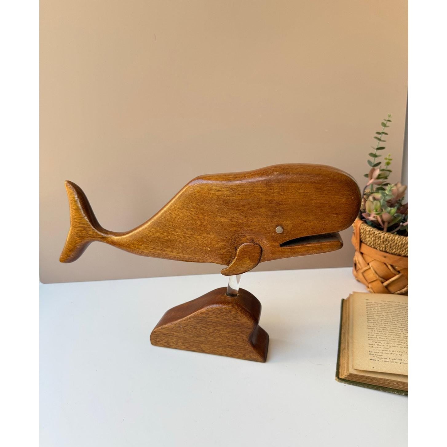 Vintage Handmade Wood Whale on Stand