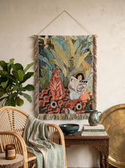 Tiger Woven Tapestry, Green Jungle Wall Hanging, Botanical Tropical Art