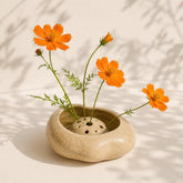 Engraved Ikebana Ceramic Bowl with Pin Frog, Japanese Wabi Sabi Ceramic Vase, Minimalist Low Stone Flower Vase
