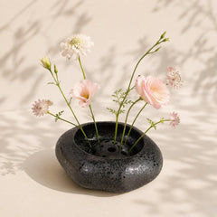 Engraved Ikebana Ceramic Bowl with Pin Frog, Japanese Wabi Sabi Ceramic Vase, Minimalist Low Stone Flower Vase