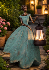 Solar Fairy Garden Statue with Lantern, Leaf Dress Girl Figurine, Outdoor Garden Decor for Patio Yard Lawn