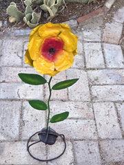 30" Metal Flower Yard Art - Painted Garden Sculpture with Rock Base