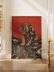 Cyborg Tiger Poster, Cyberpunk Tiger Wall Art, Biomechanical Animal Print, Sci Fi Robot Tiger Decor, Red Futuristic Wall Art