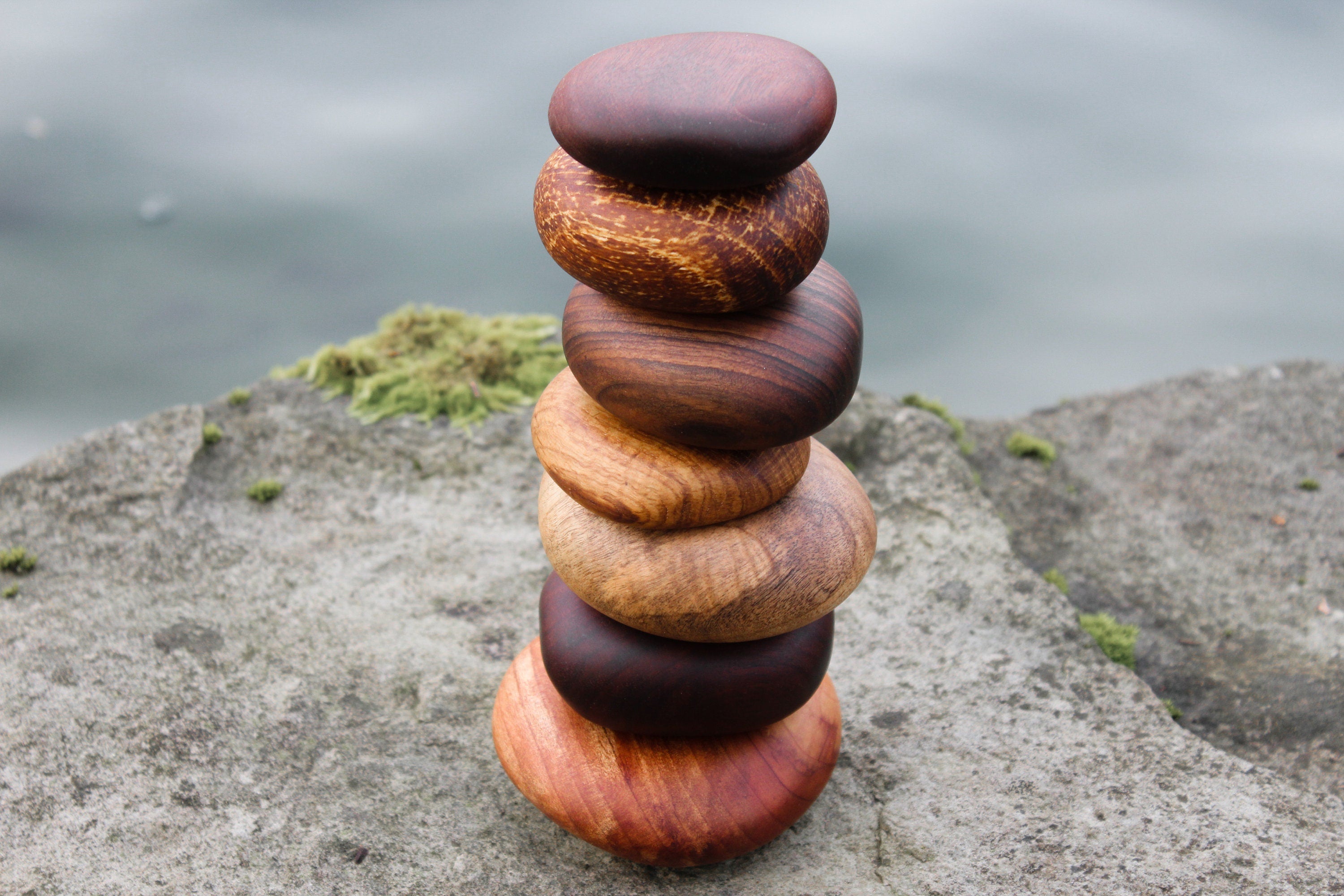 Wood Rock Cairn Sculpture: Calming Decor for Home or Office Gift. Set of 7 Assorted Urban Reclaimed Hardwoods.