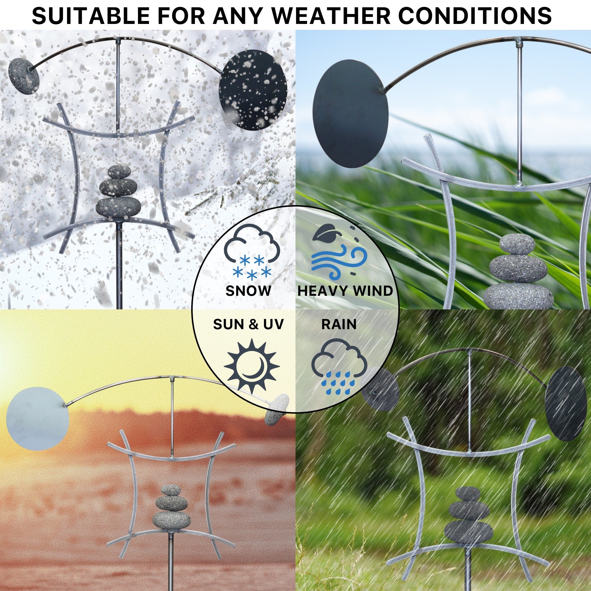 Garden Art Kinetic Wind Sculpture | Yard Art Metal Garden Decor with Rock Cairn | Relaxing Metal Art Wind Vane Spinner Zen Sculptures