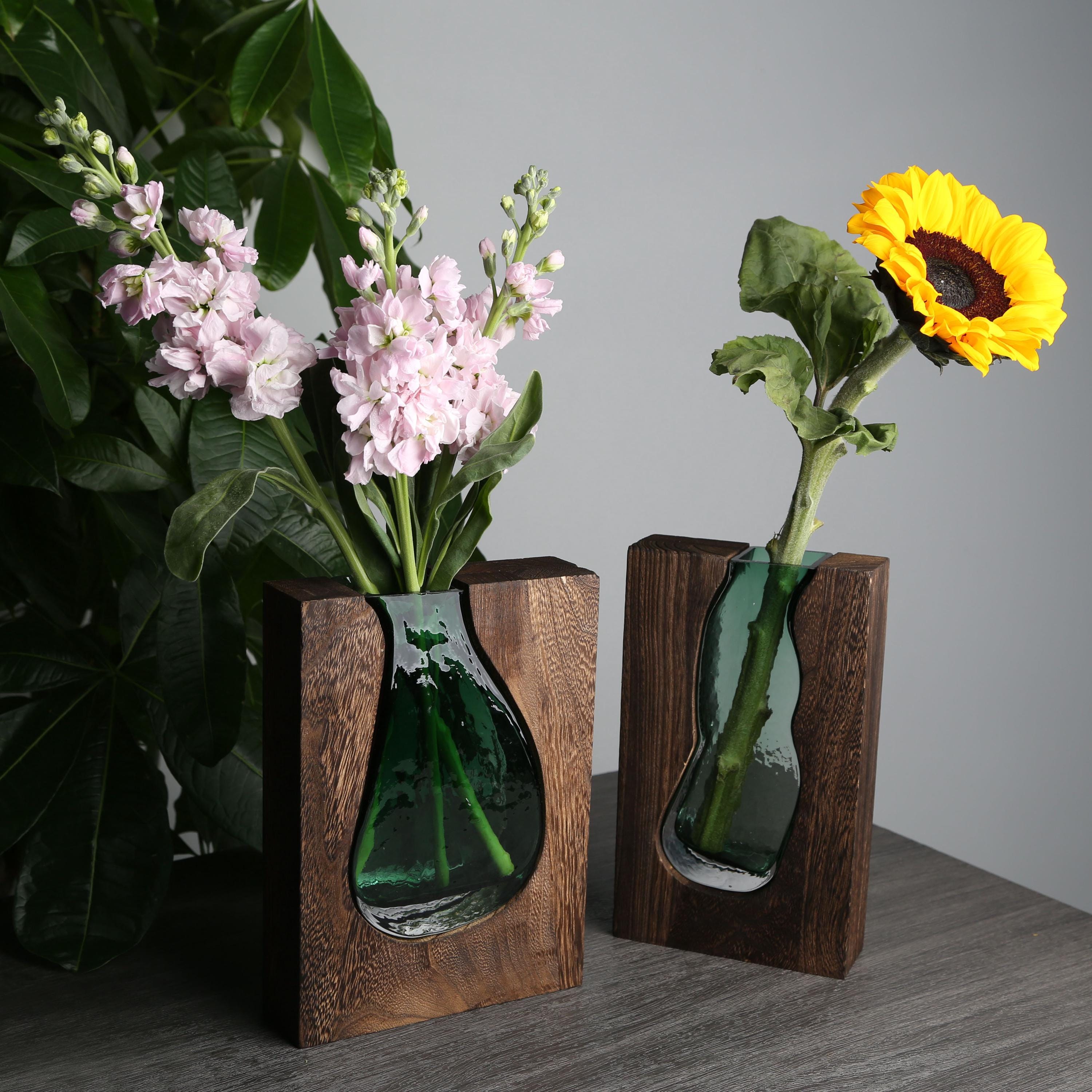 Wooden Vase with Glass Insert