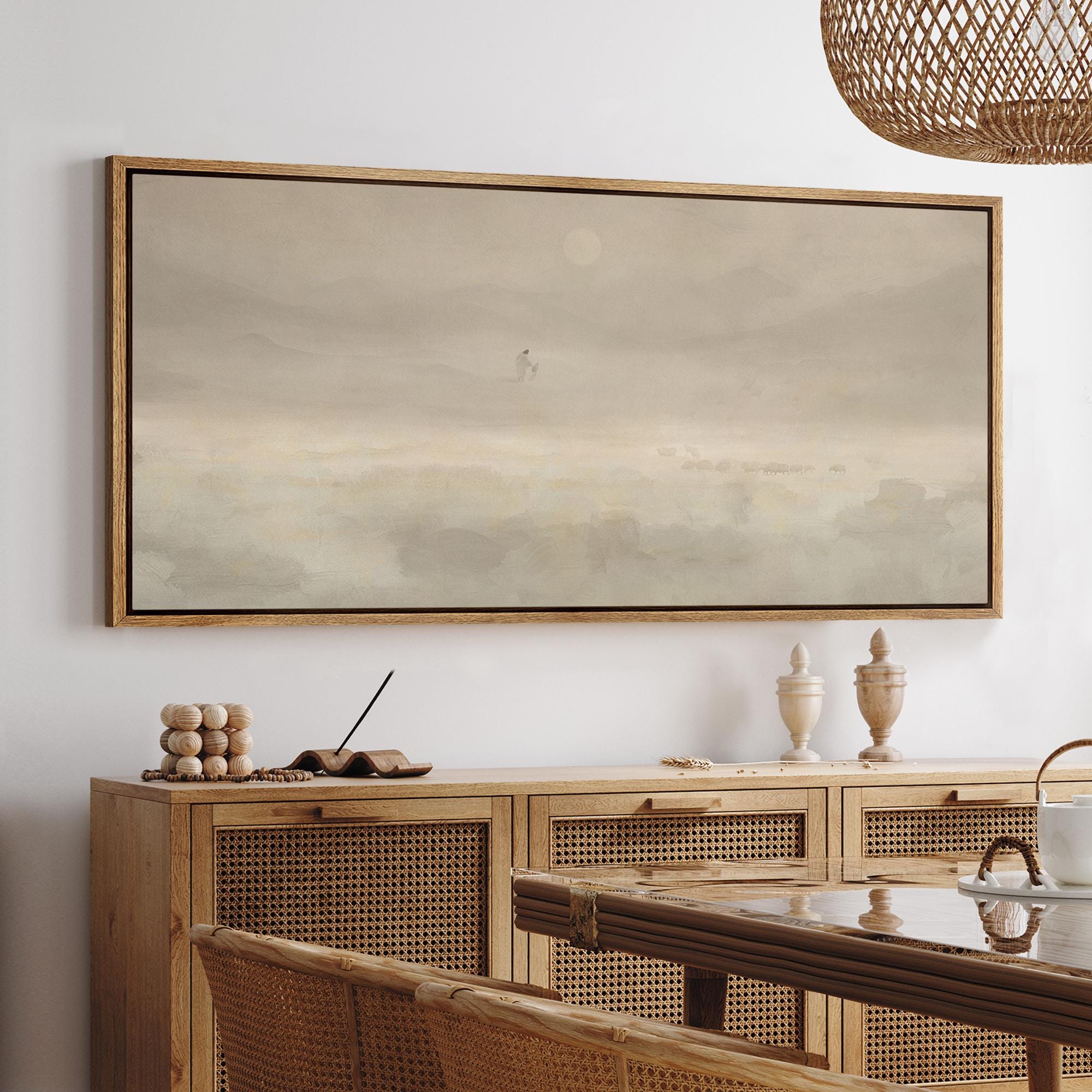 Jesus & Sheep Wall Art - Large Framed Minimalist Christian Canvas Prints, Pastoral Abstract Landscape in Soft Neutrals for Church Decor