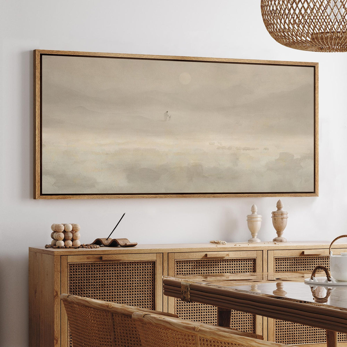 Jesus & Sheep Wall Art - Large Framed Minimalist Christian Canvas Prints, Pastoral Abstract Landscape in Soft Neutrals for Church Decor