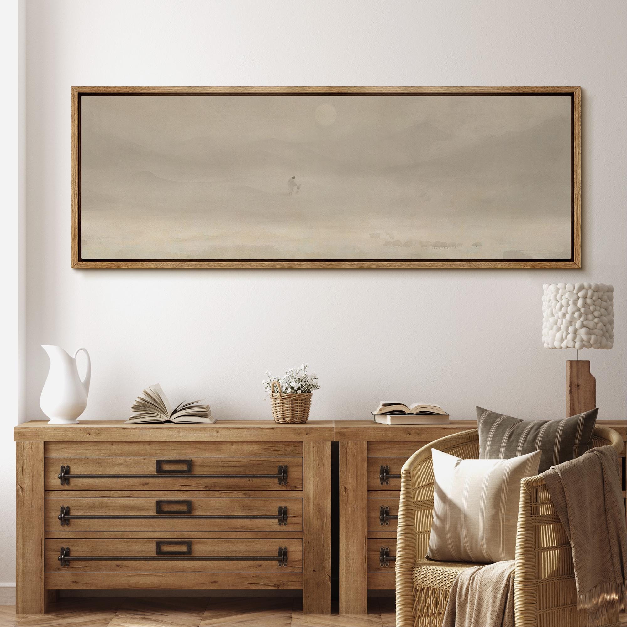 Jesus & Sheep Wall Art - Large Framed Minimalist Christian Canvas Prints, Pastoral Abstract Landscape in Soft Neutrals for Church Decor