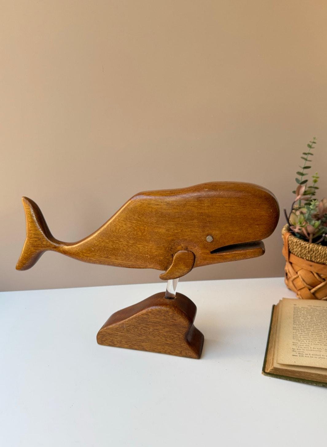 Vintage Handmade Wood Whale on Stand