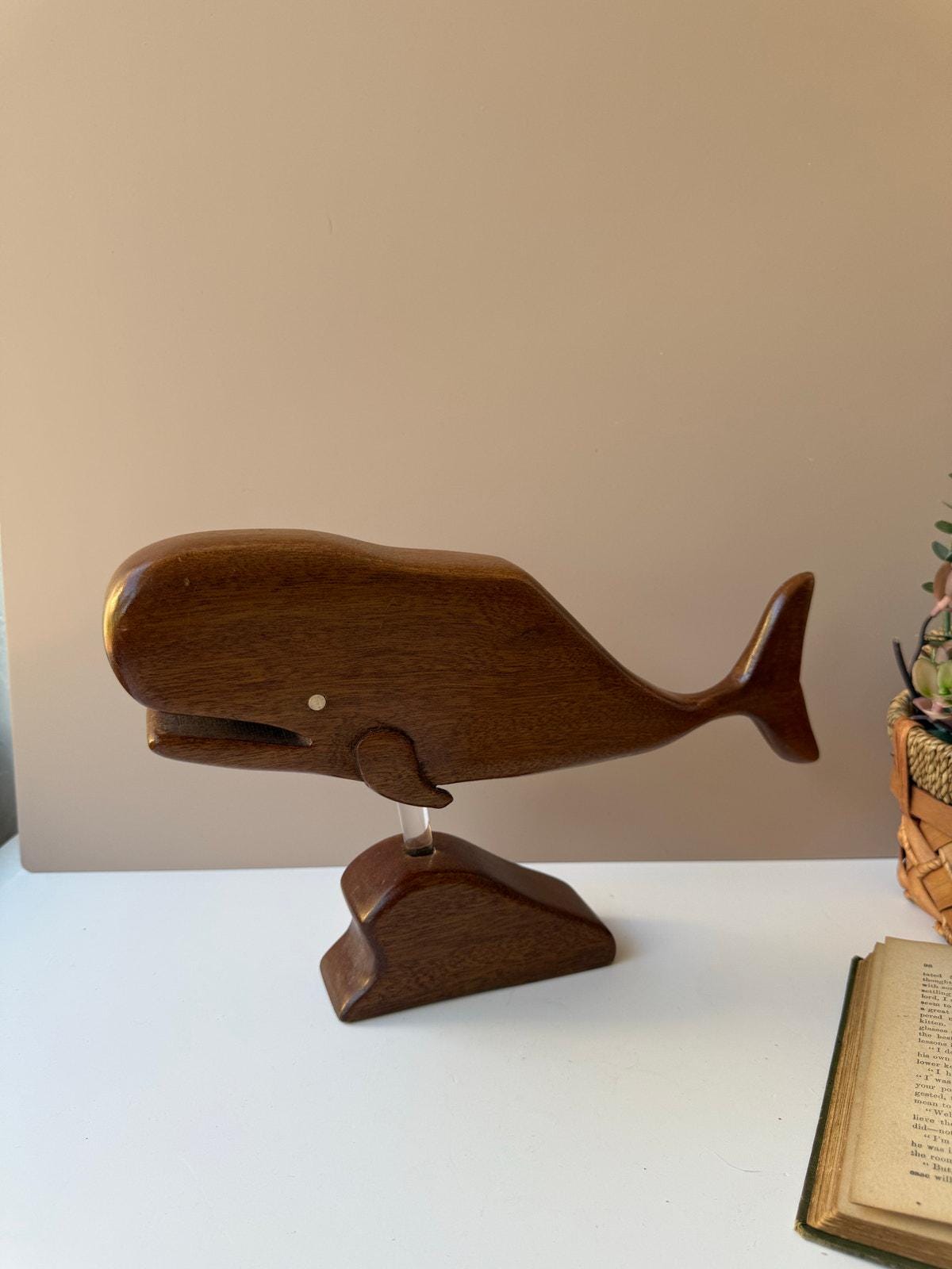 Vintage Handmade Wood Whale on Stand