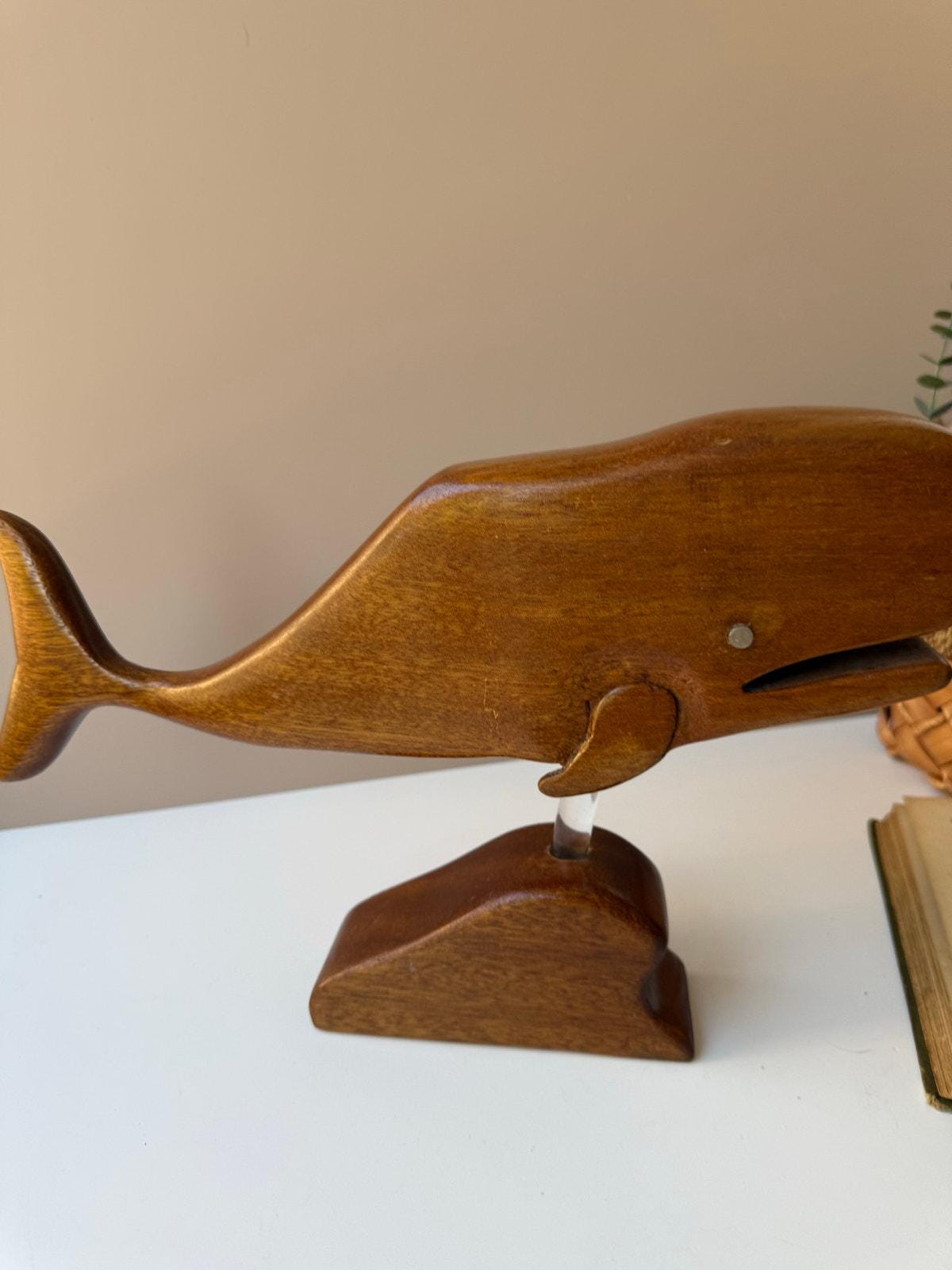Vintage Handmade Wood Whale on Stand