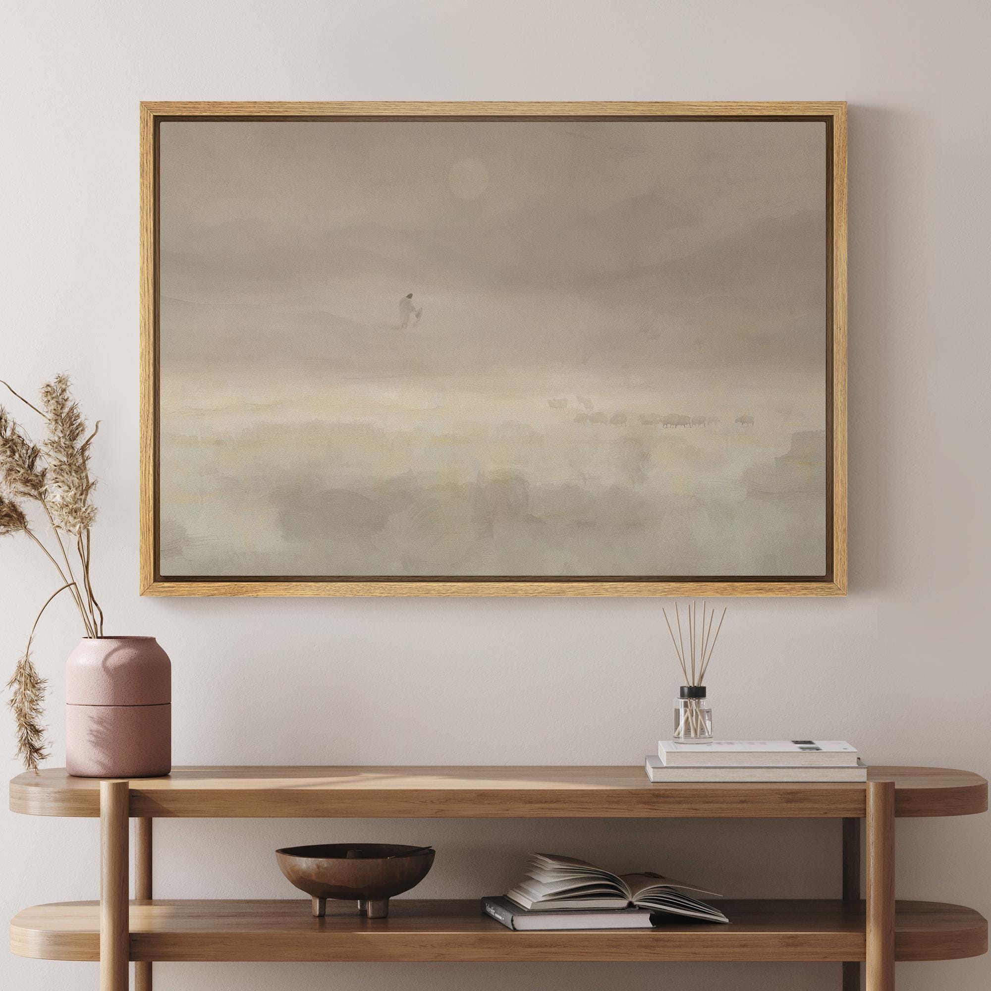Jesus & Sheep Wall Art - Large Framed Minimalist Christian Canvas Prints, Pastoral Abstract Landscape in Soft Neutrals for Church Decor