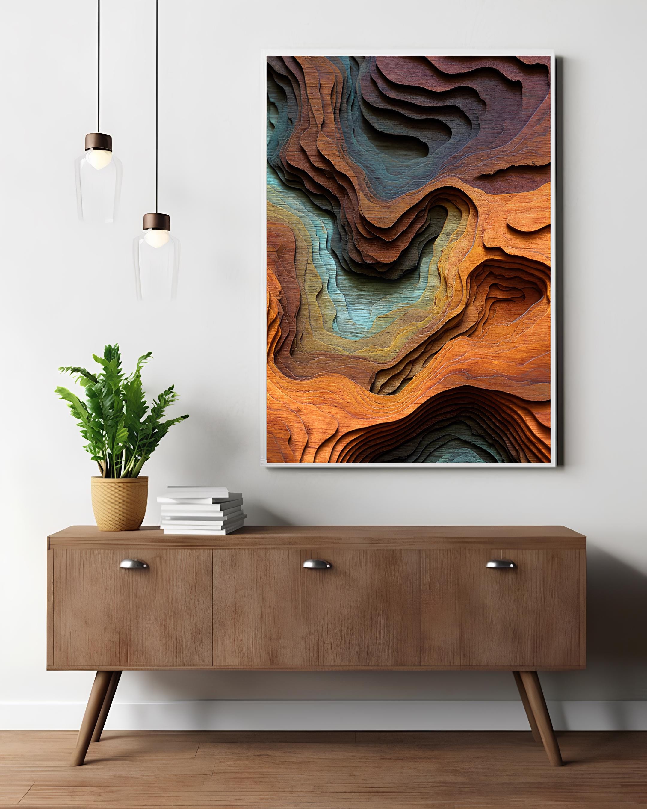 3D Layered Wood Wall Art, Abstract Topographic Map Decor, Modern Living Room Wall Art, Large Wood Carving Effect Print, Teal and Orange Decor