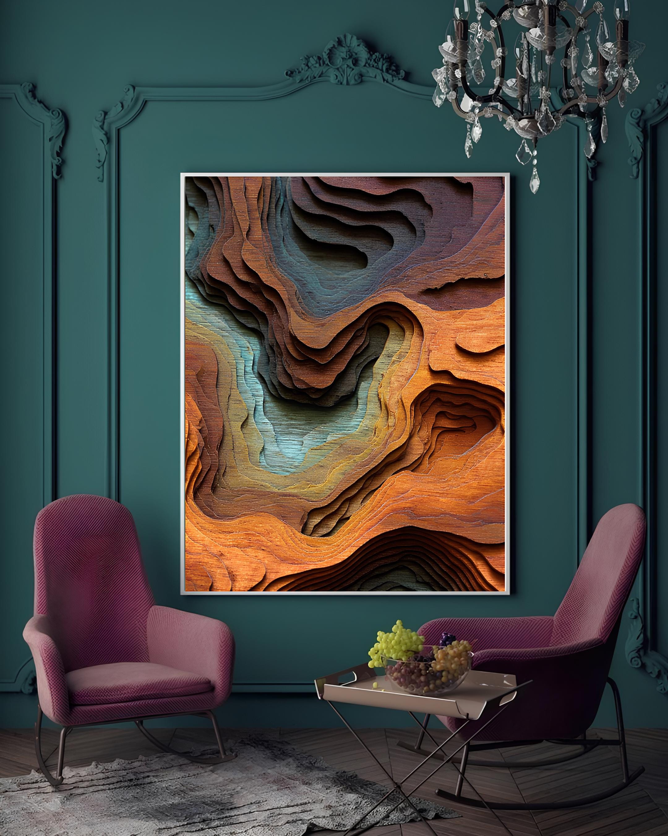 3D Layered Wood Wall Art, Abstract Topographic Map Decor, Modern Living Room Wall Art, Large Wood Carving Effect Print, Teal and Orange Decor