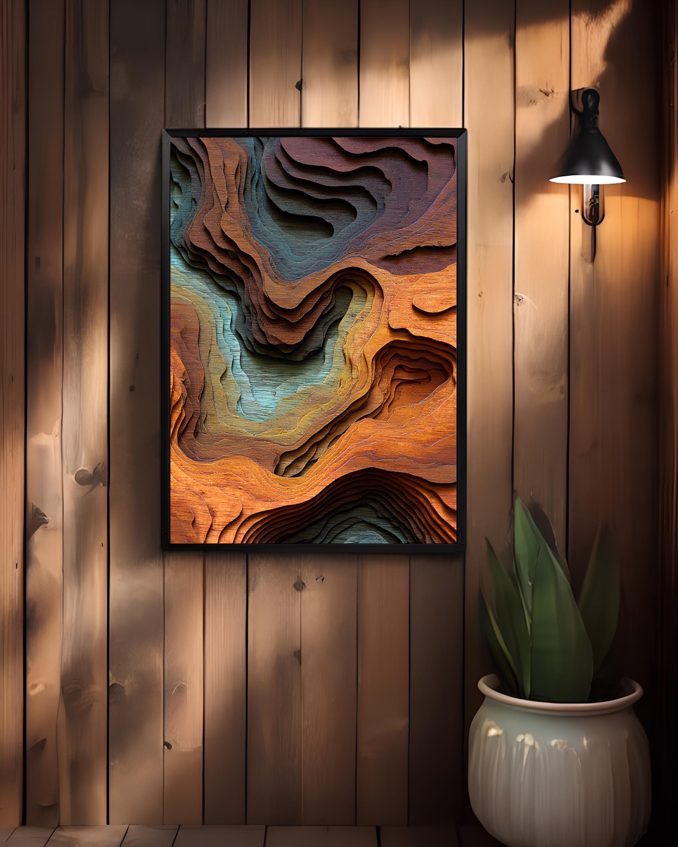 3D Layered Wood Wall Art, Abstract Topographic Map Decor, Modern Living Room Wall Art, Large Wood Carving Effect Print, Teal and Orange Decor