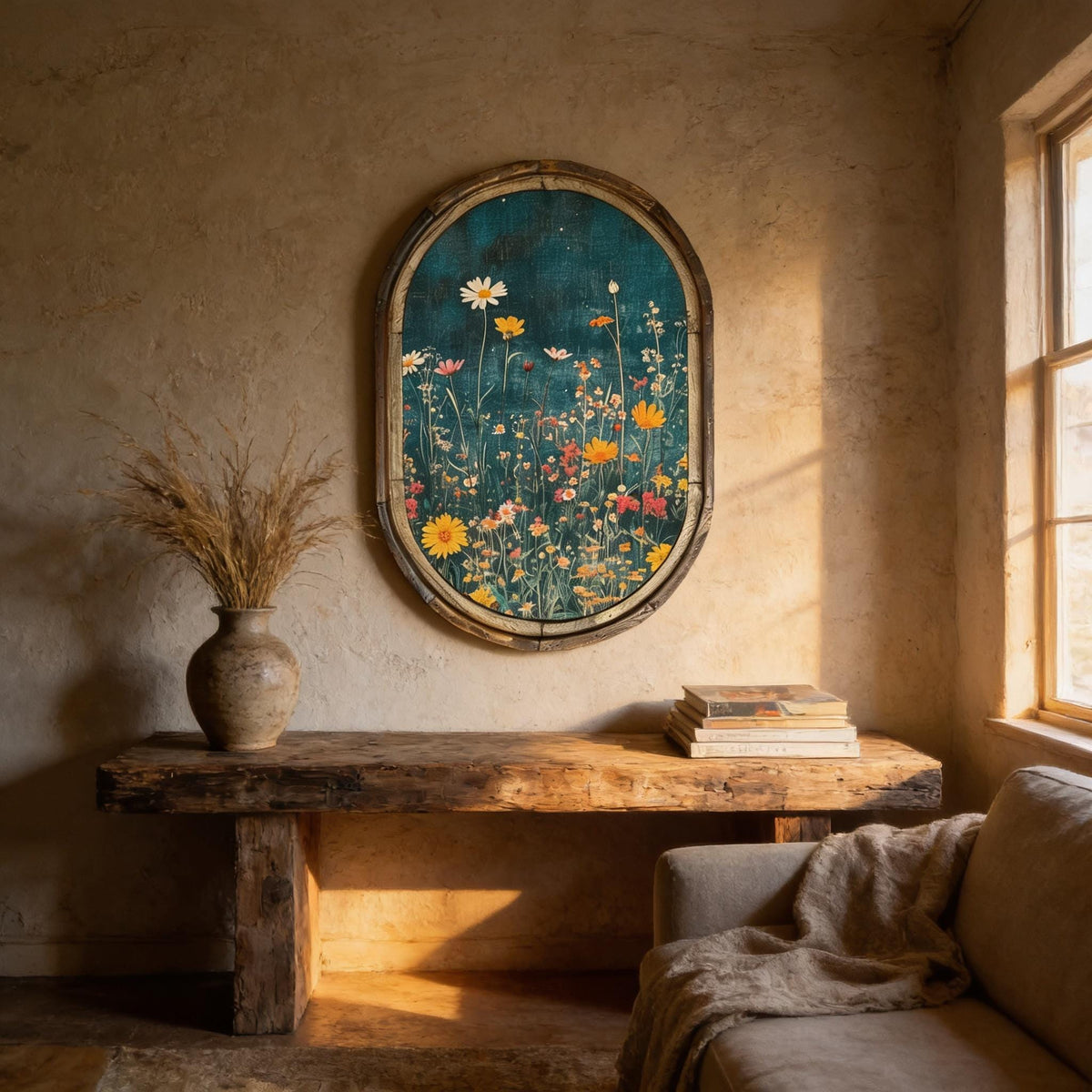 Vintage Wildflowers Wall Decor, 24" x 36", Moody Florals Wall Art, Rustic Decor, Living Room Wall Art