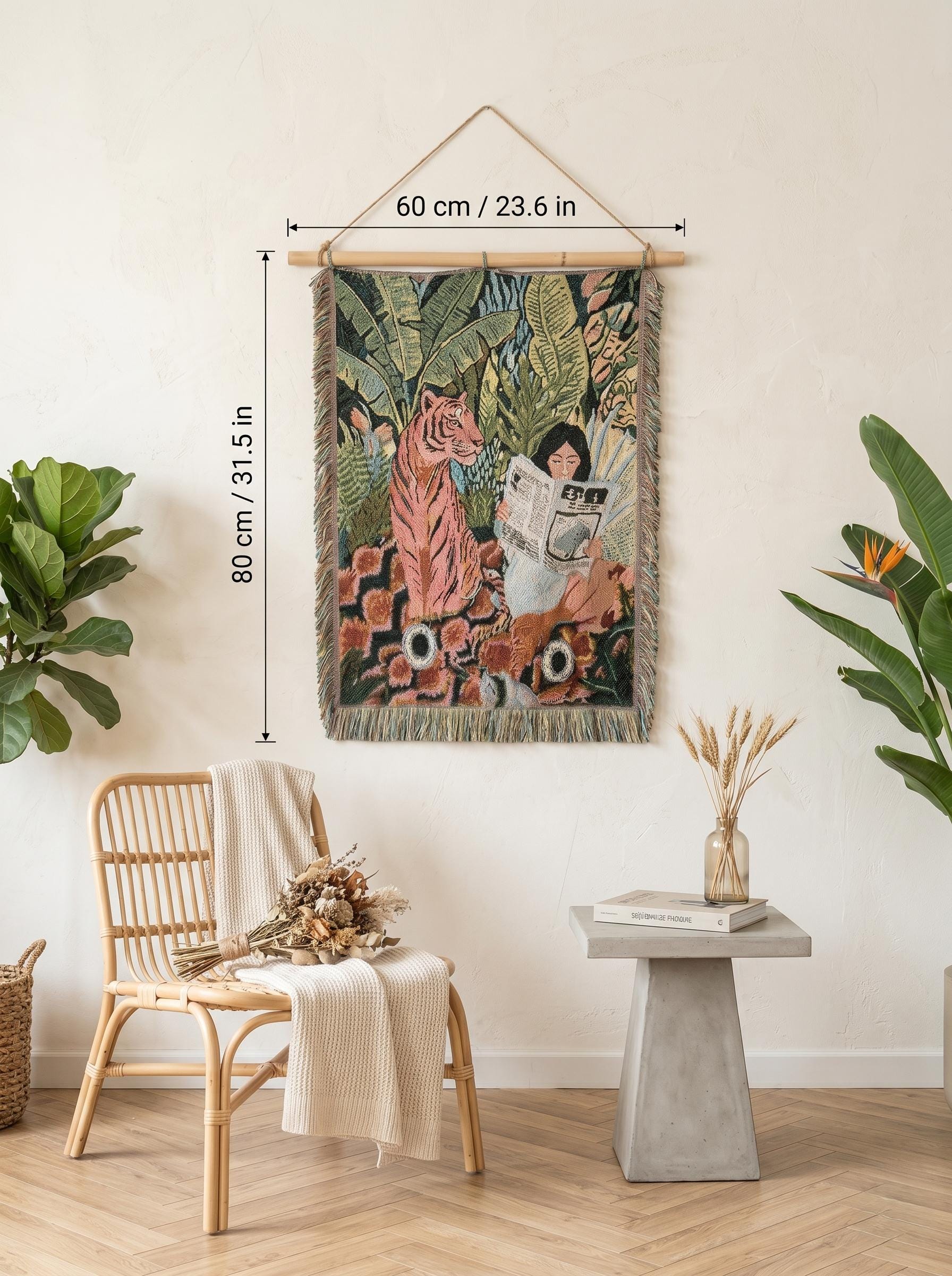 Tiger Woven Tapestry, Green Jungle Wall Hanging, Botanical Tropical Art