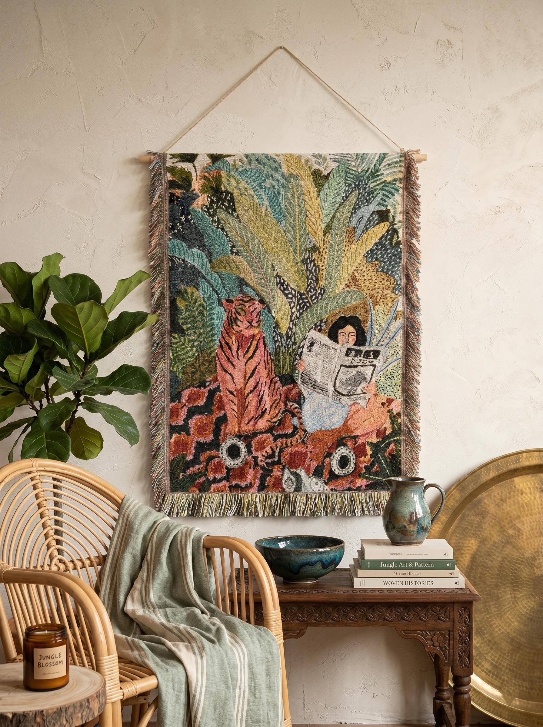 Tiger Woven Tapestry, Green Jungle Wall Hanging, Botanical Tropical Art