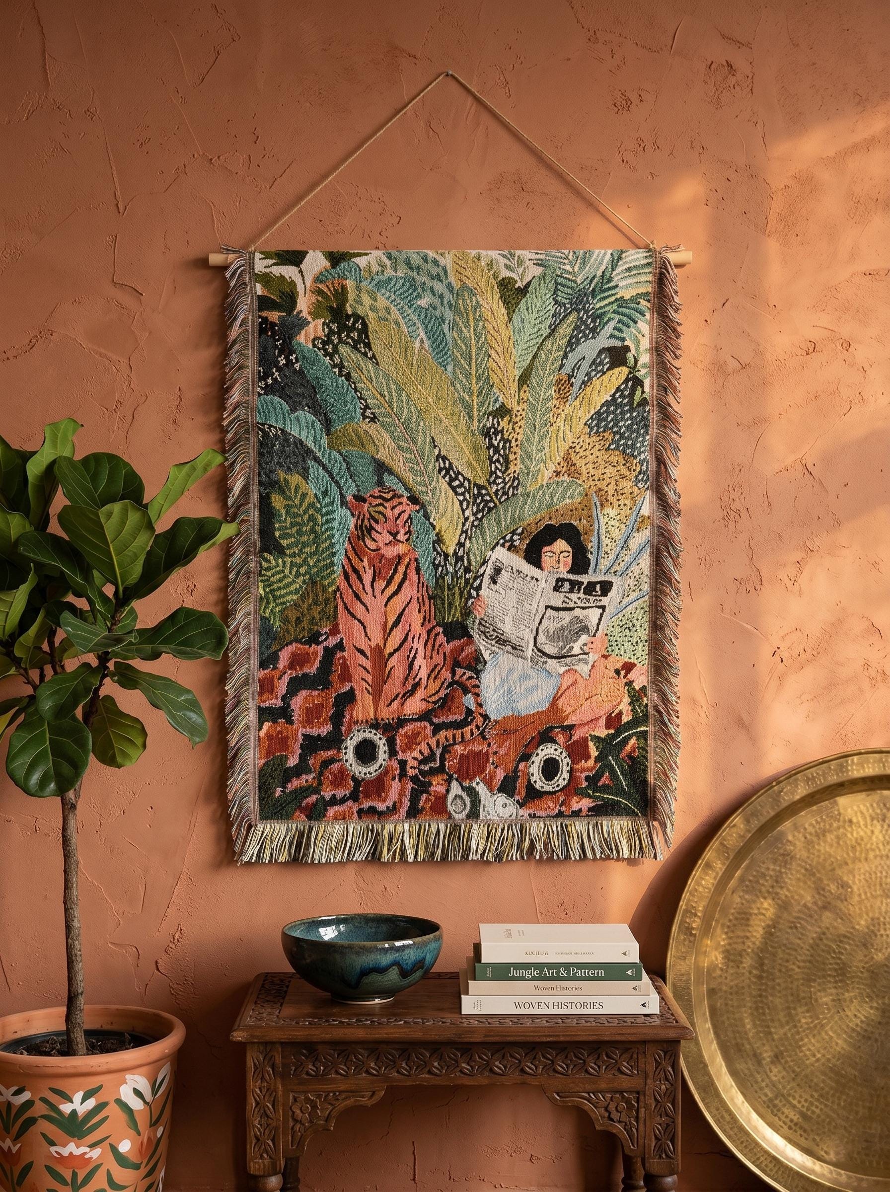 Tiger Woven Tapestry, Green Jungle Wall Hanging, Botanical Tropical Art