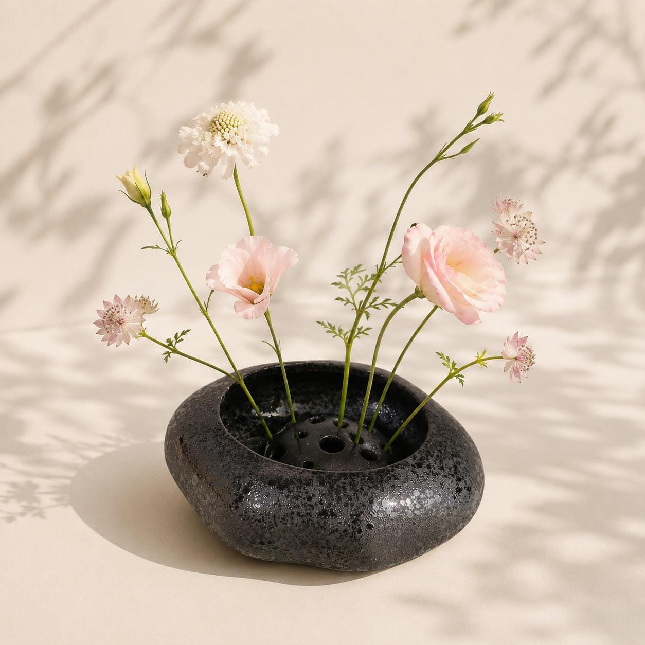 Engraved Ikebana Ceramic Bowl with Pin Frog, Japanese Wabi Sabi Ceramic Vase, Minimalist Low Stone Flower Vase