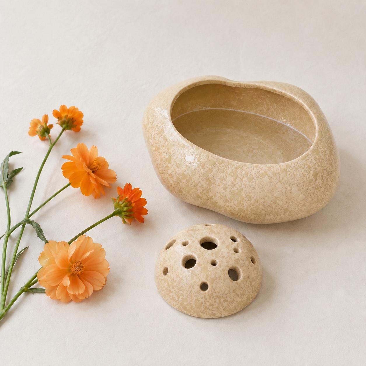 Engraved Ikebana Ceramic Bowl with Pin Frog, Japanese Wabi Sabi Ceramic Vase, Minimalist Low Stone Flower Vase