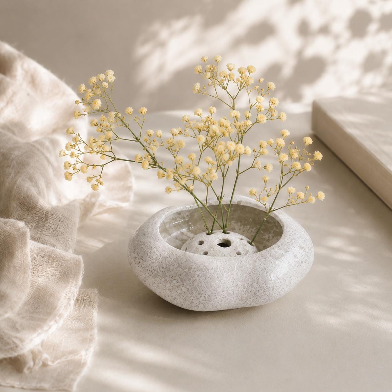 Engraved Ikebana Ceramic Bowl with Pin Frog, Japanese Wabi Sabi Ceramic Vase, Minimalist Low Stone Flower Vase