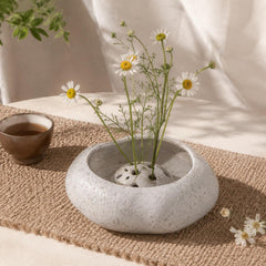 Engraved Ikebana Ceramic Bowl with Pin Frog, Japanese Wabi Sabi Ceramic Vase, Minimalist Low Stone Flower Vase