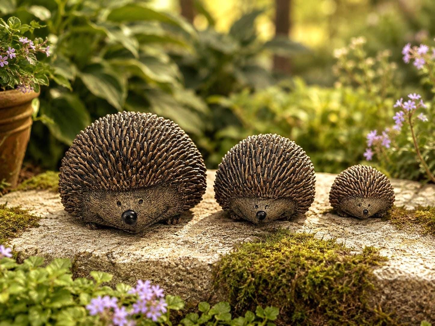 Hedgehog Family | Handcrafted Concrete Garden Statues | Set of 3