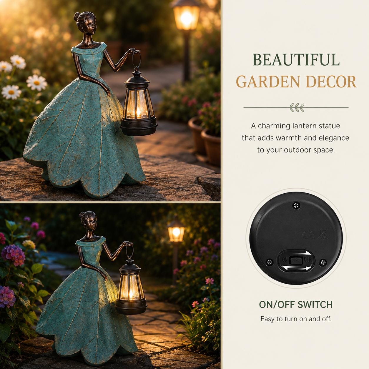 Solar Fairy Garden Statue with Lantern, Leaf Dress Girl Figurine, Outdoor Garden Decor for Patio Yard Lawn