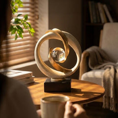 Modern Abstract Sculpture, Gold & Stone Table Decor, Amber Orb Statue