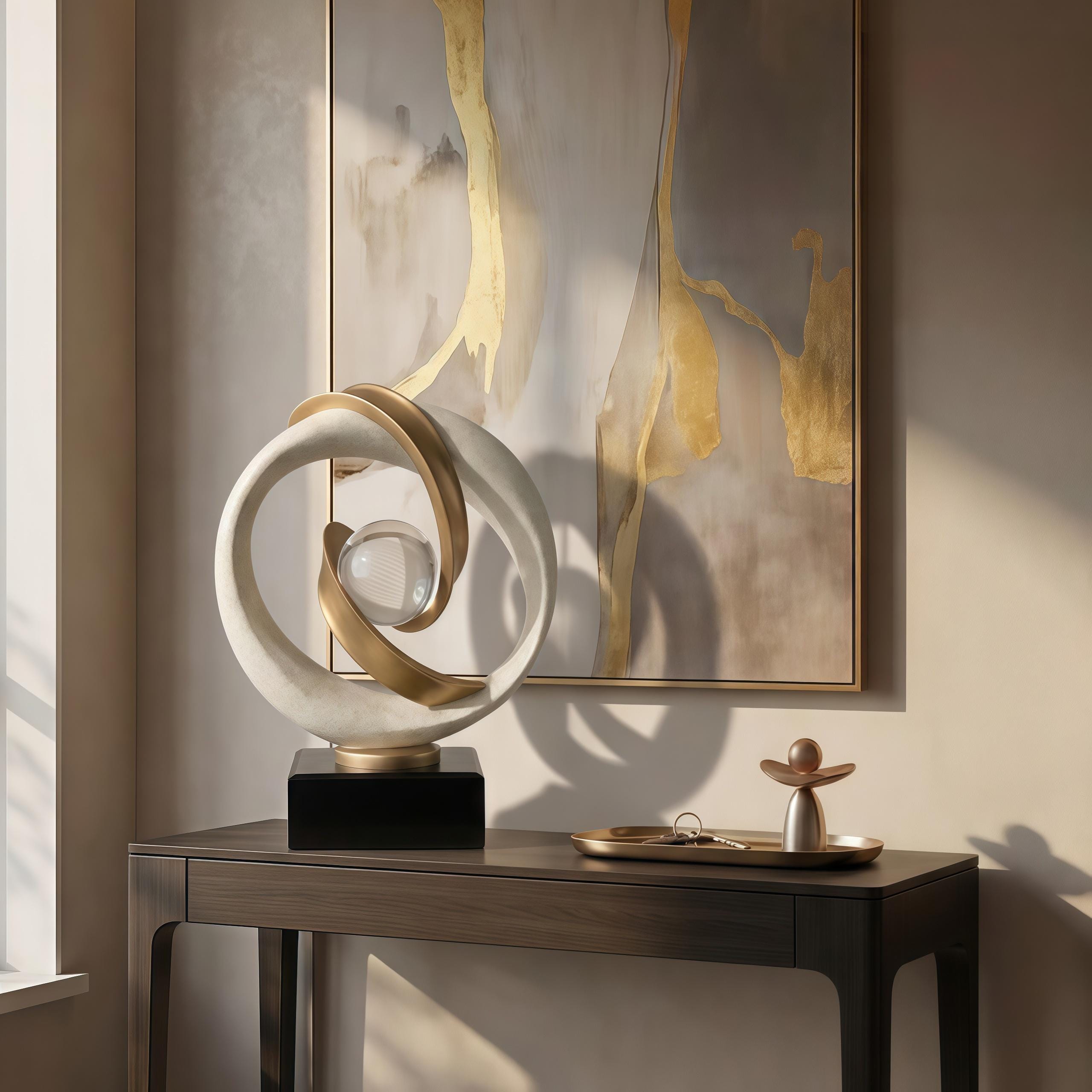 Modern Abstract Sculpture, Gold & Stone Table Decor, Amber Orb Statue