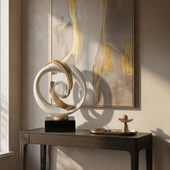 Modern Abstract Sculpture, Gold & Stone Table Decor, Amber Orb Statue