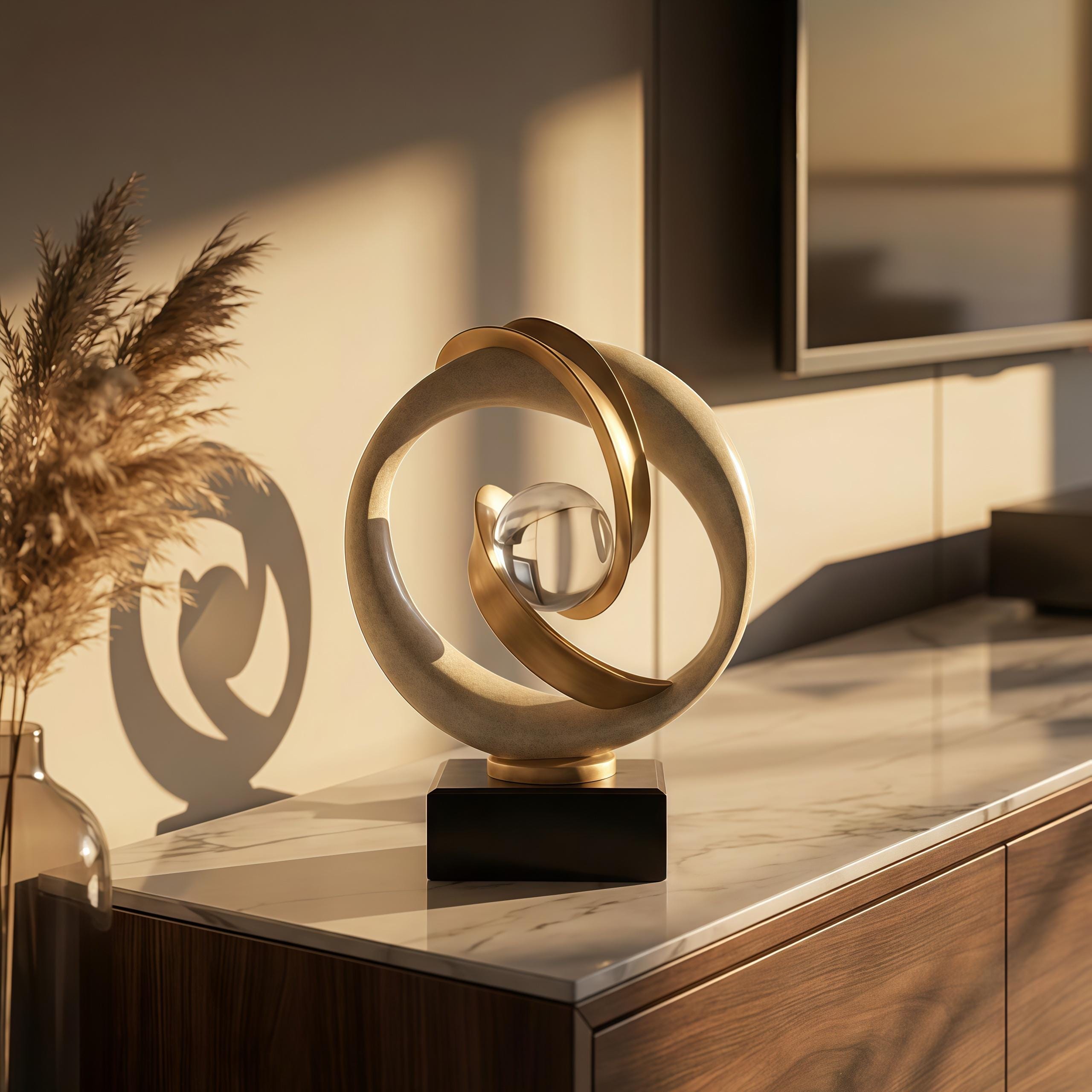 Modern Abstract Sculpture, Gold & Stone Table Decor, Amber Orb Statue