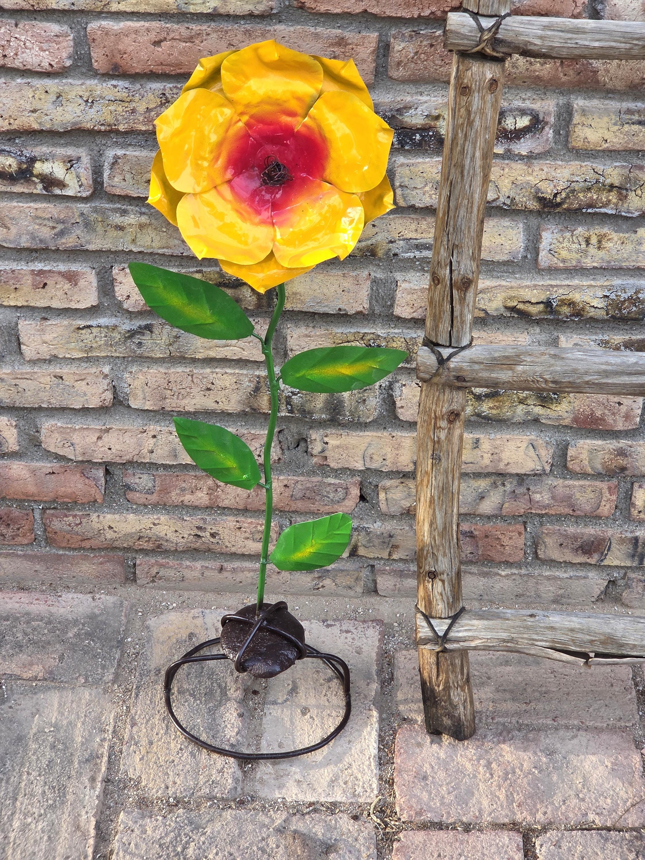 30" Metal Flower Yard Art - Painted Garden Sculpture with Rock Base