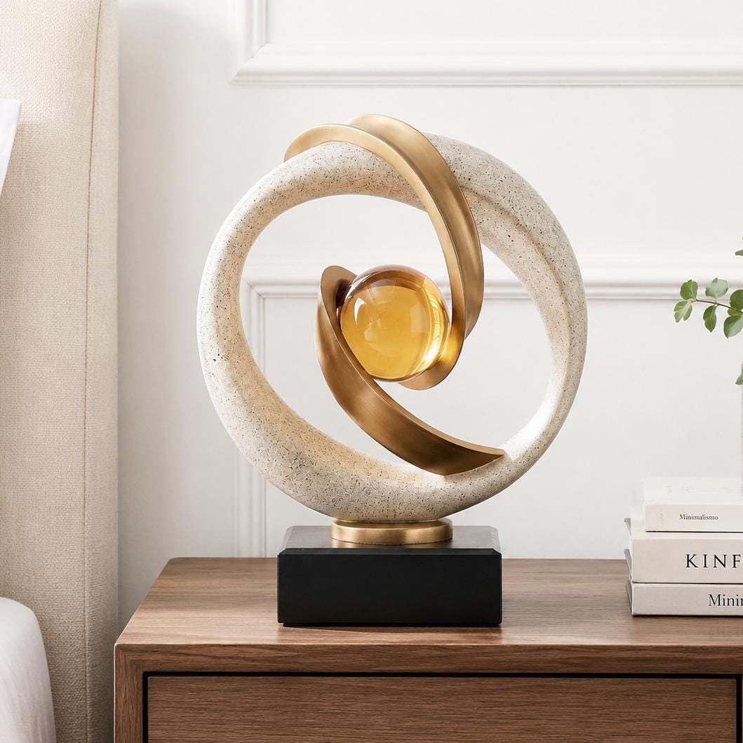 Modern Abstract Sculpture, Gold & Stone Table Decor, Amber Orb Statue