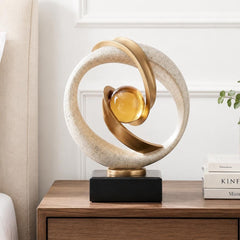 Modern Abstract Sculpture, Gold & Stone Table Decor, Amber Orb Statue