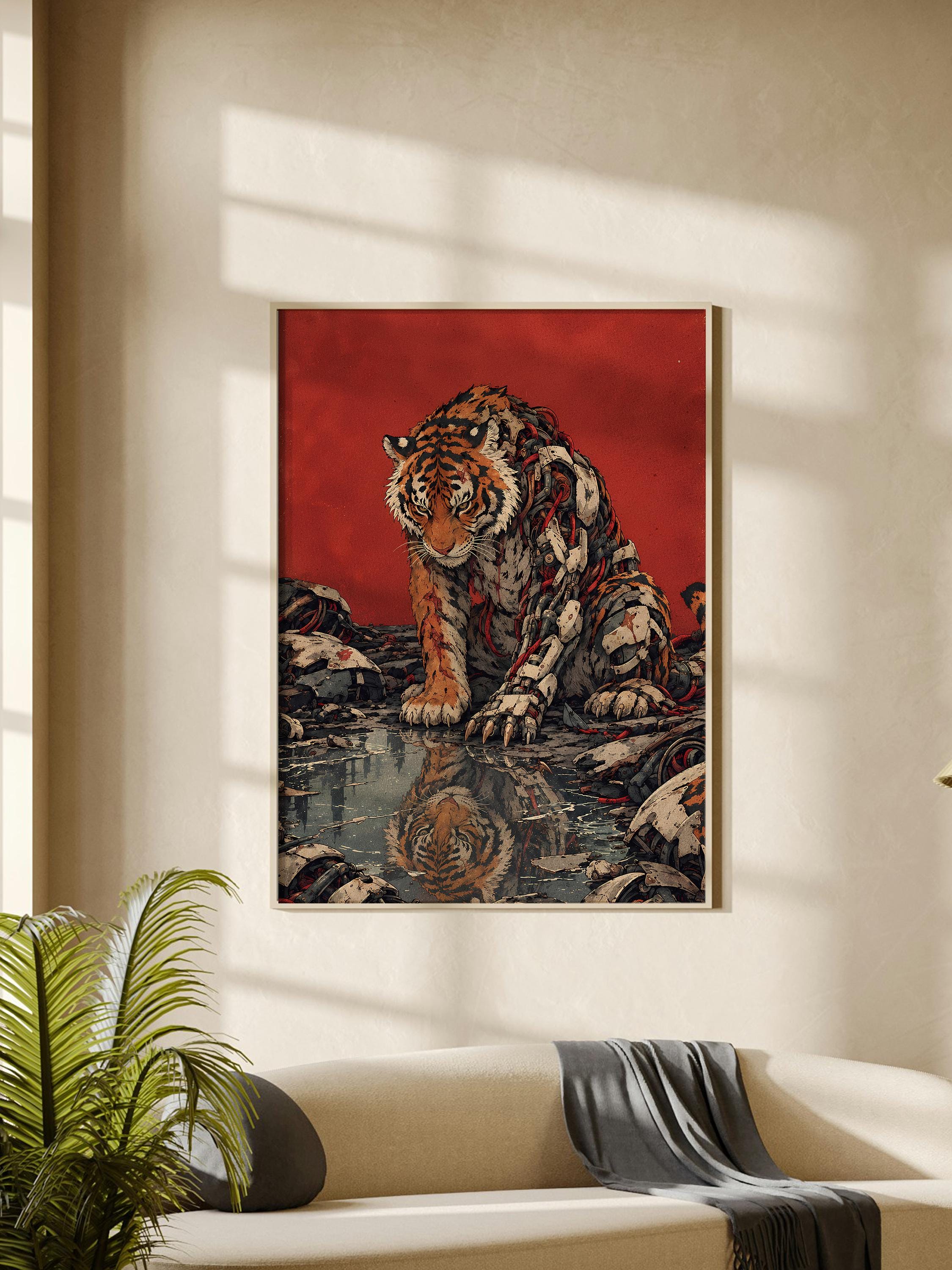 Cyborg Tiger Poster, Cyberpunk Tiger Wall Art, Biomechanical Animal Print, Sci Fi Robot Tiger Decor, Red Futuristic Wall Art