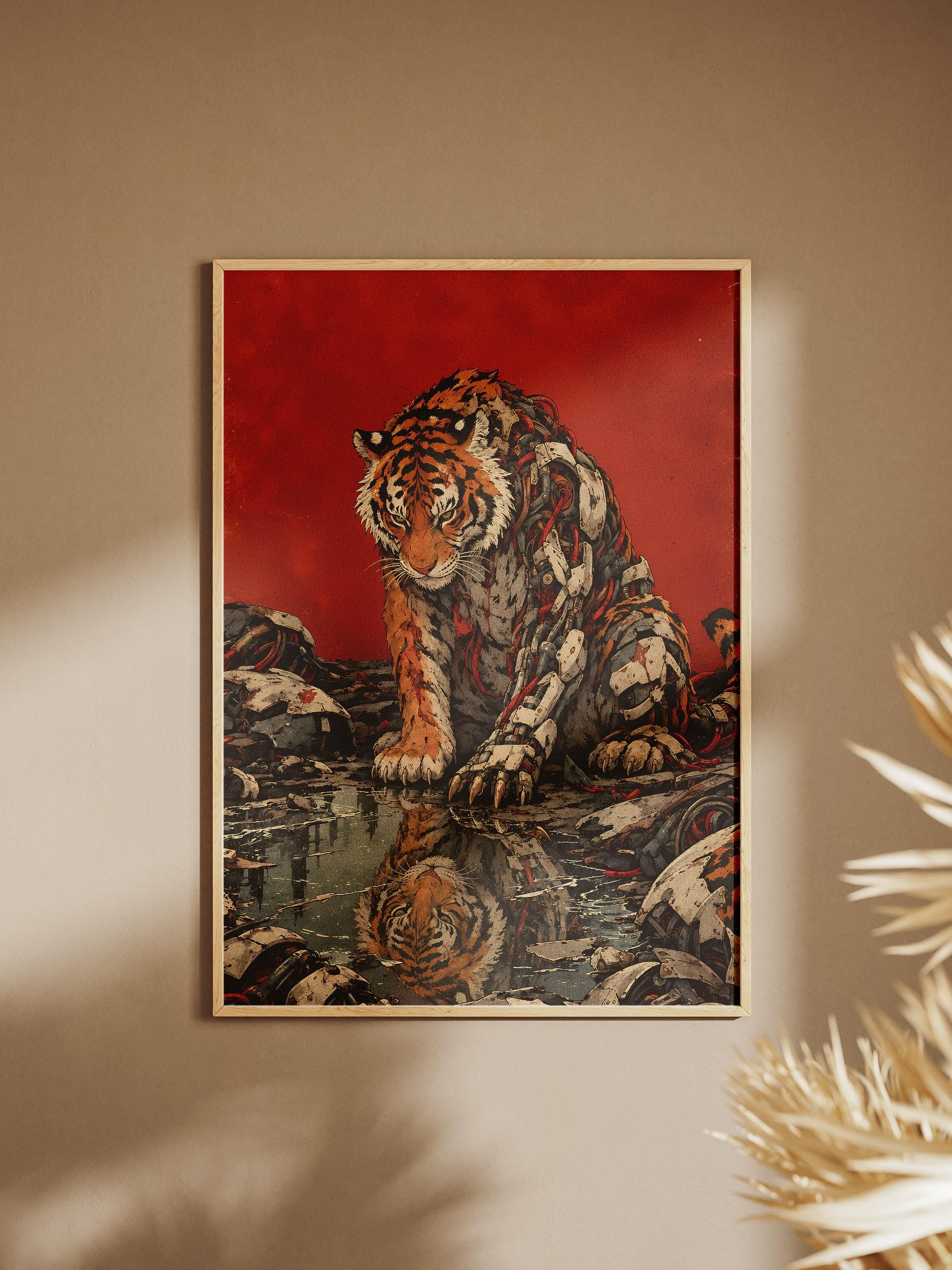Cyborg Tiger Poster, Cyberpunk Tiger Wall Art, Biomechanical Animal Print, Sci Fi Robot Tiger Decor, Red Futuristic Wall Art