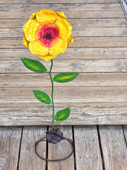 30" Metal Flower Yard Art - Painted Garden Sculpture with Rock Base