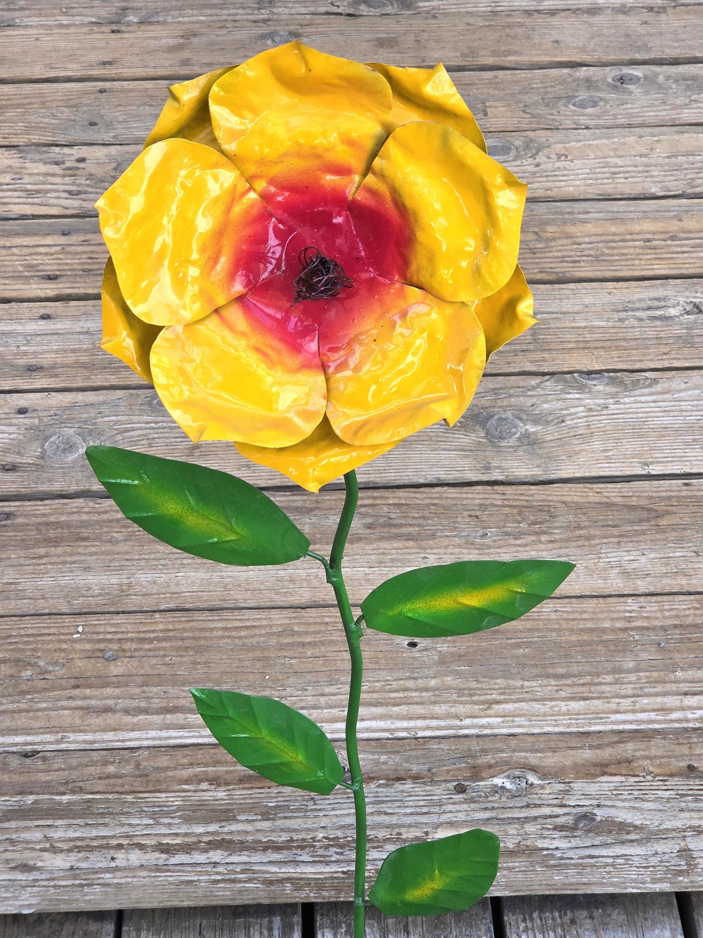 30" Metal Flower Yard Art - Painted Garden Sculpture with Rock Base