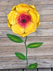 30" Metal Flower Yard Art - Painted Garden Sculpture with Rock Base
