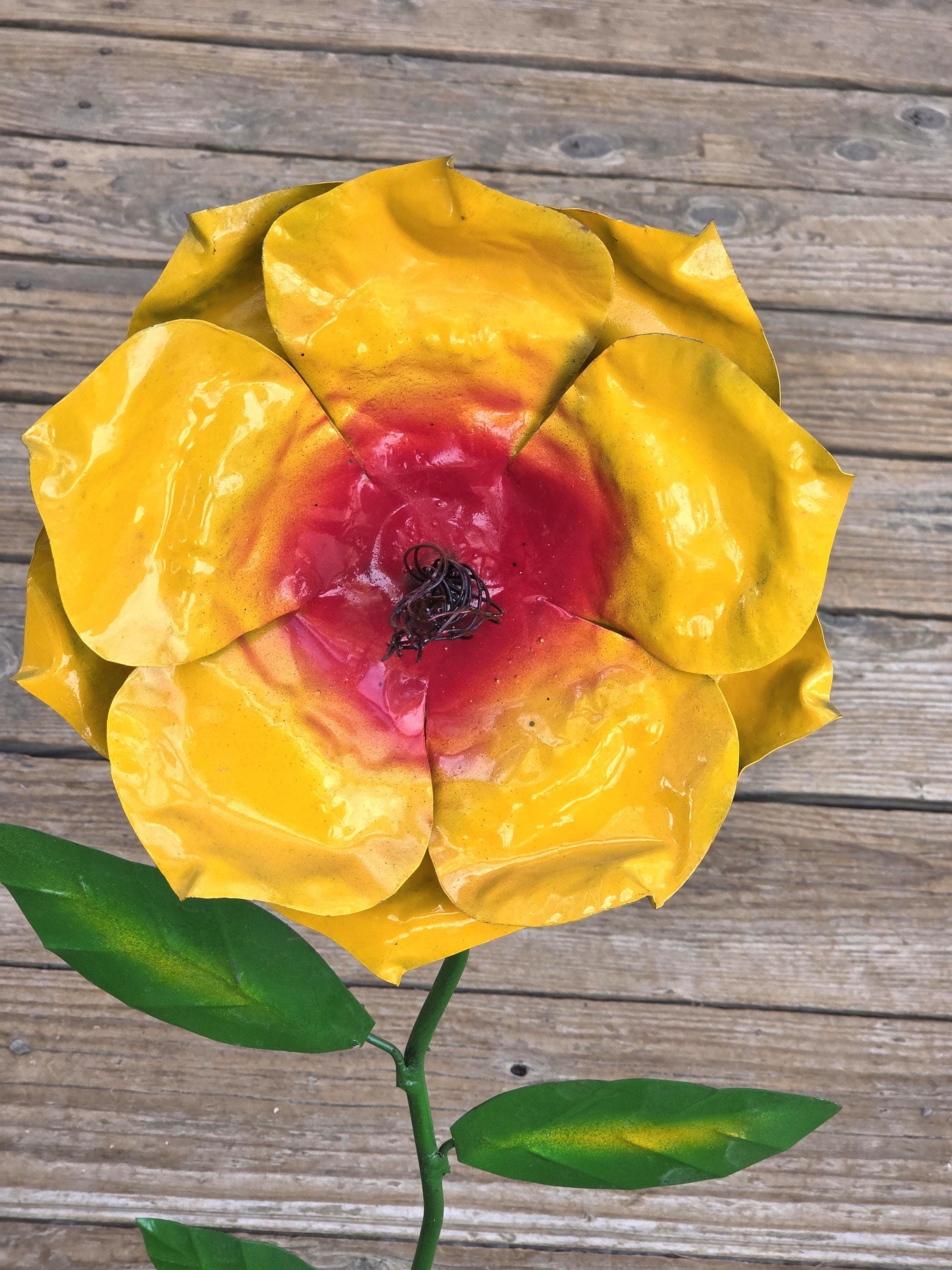 30" Metal Flower Yard Art - Painted Garden Sculpture with Rock Base