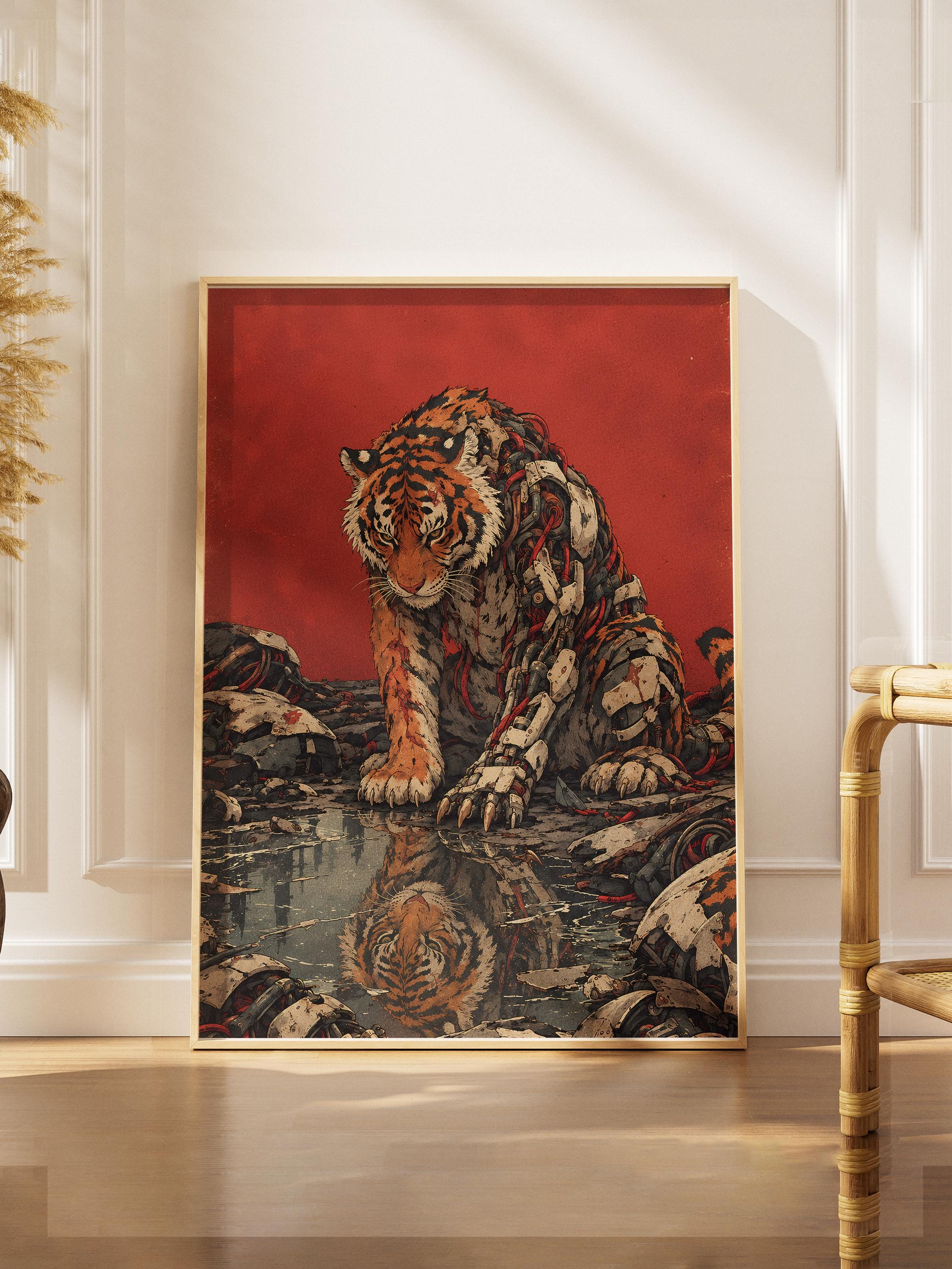 Cyborg Tiger Poster, Cyberpunk Tiger Wall Art, Biomechanical Animal Print, Sci Fi Robot Tiger Decor, Red Futuristic Wall Art